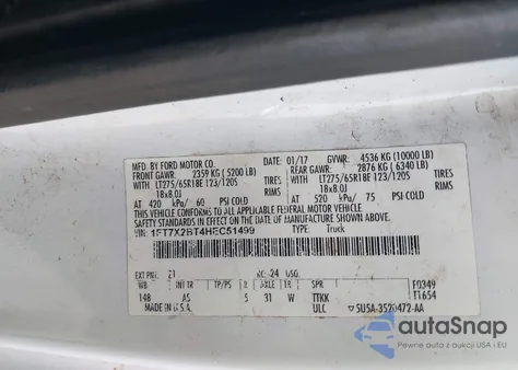 2017 Ford F-250 Xl z USA, uszkodzony, nr VIN 1FT7X2BT4HEC51499